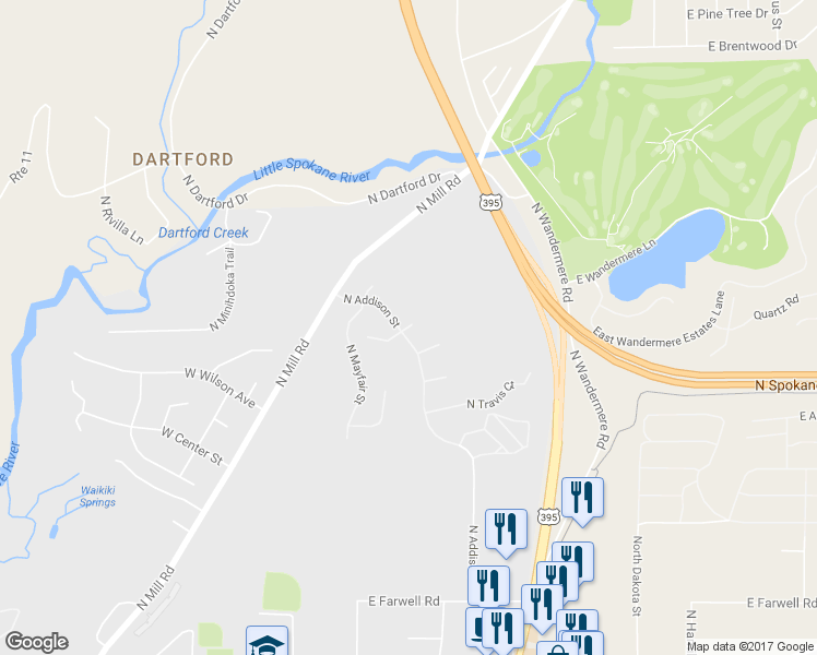 map of restaurants, bars, coffee shops, grocery stores, and more near 110 East Sapphire Lane in Spokane