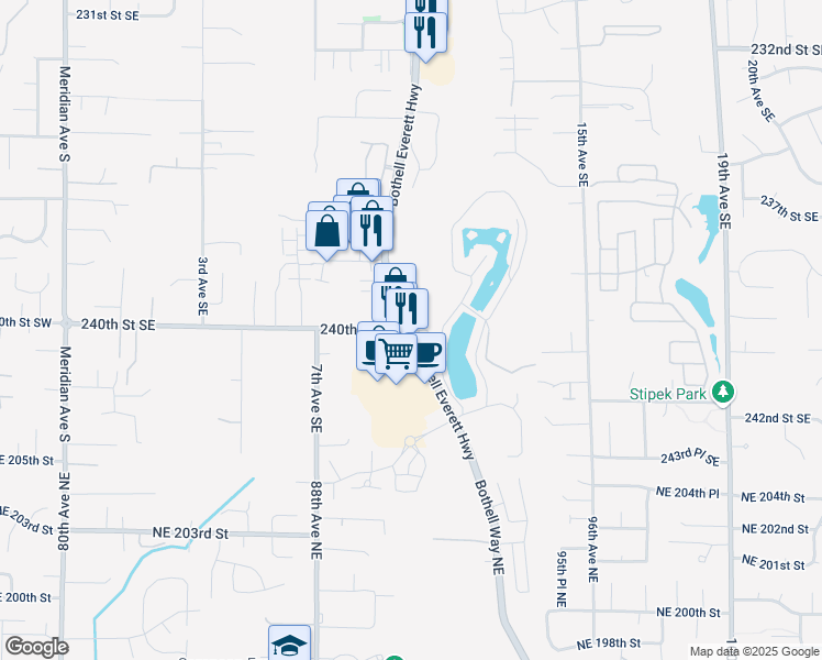 map of restaurants, bars, coffee shops, grocery stores, and more near Bothell Everett Hwy & 240th St SE in Bothell