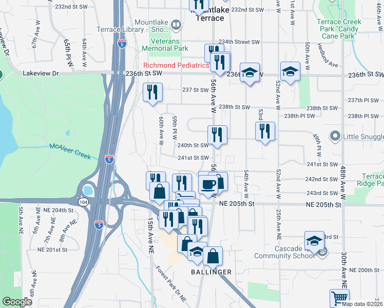 map of restaurants, bars, coffee shops, grocery stores, and more near 5705 241st Street Southwest in Mountlake Terrace