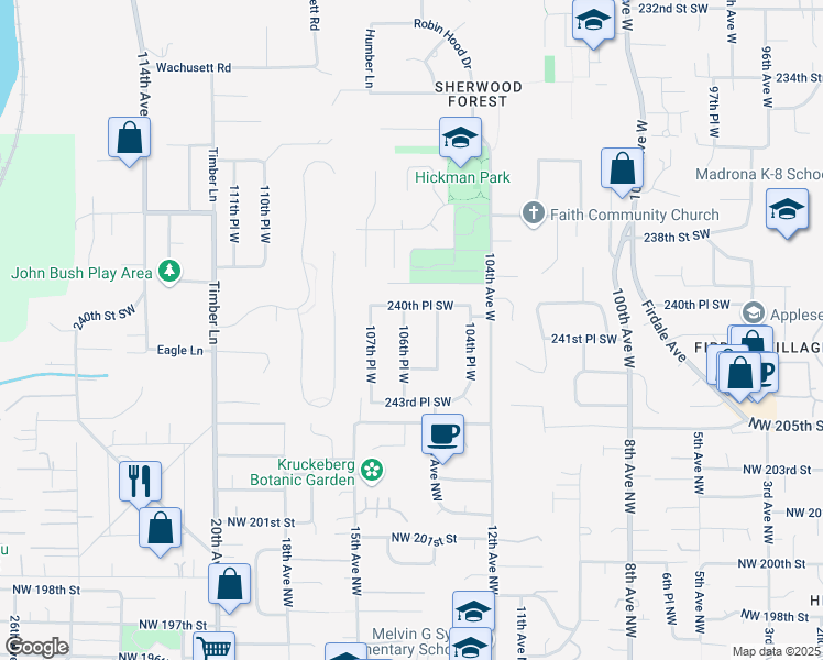 map of restaurants, bars, coffee shops, grocery stores, and more near 24109 106th Place West in Edmonds