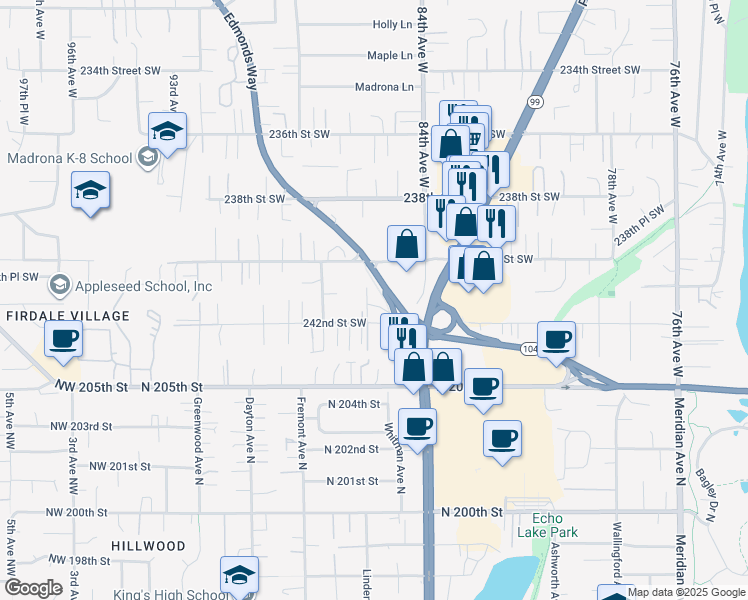 map of restaurants, bars, coffee shops, grocery stores, and more near 8610 240th Street Southwest in Edmonds