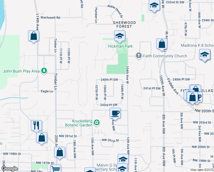 map of restaurants, bars, coffee shops, grocery stores, and more near 24109 106th Place West in Edmonds