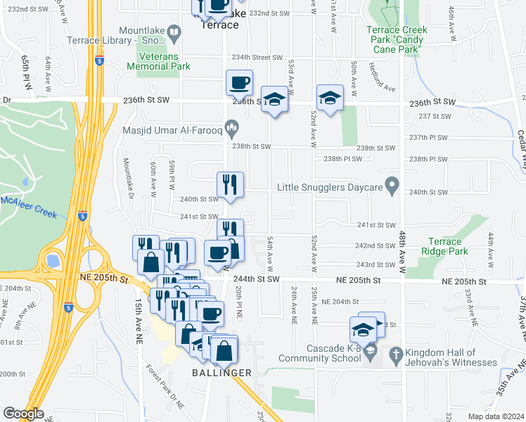 map of restaurants, bars, coffee shops, grocery stores, and more near 24026 54th Avenue West in Mountlake Terrace