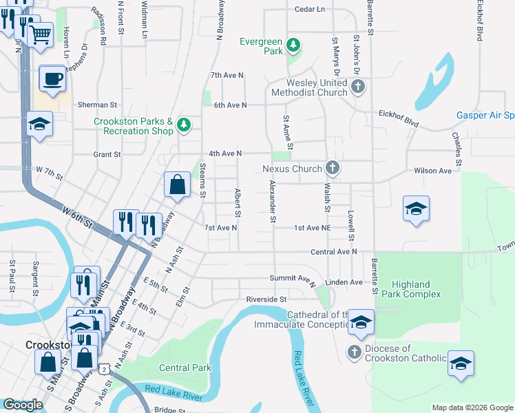 map of restaurants, bars, coffee shops, grocery stores, and more near 229 James Avenue Northeast in Crookston
