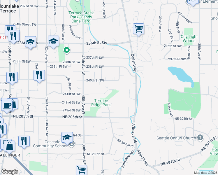 map of restaurants, bars, coffee shops, grocery stores, and more near 4501 241st Street Southwest in Mountlake Terrace