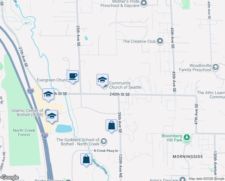 map of restaurants, bars, coffee shops, grocery stores, and more near 15th Avenue Southeast in Bothell