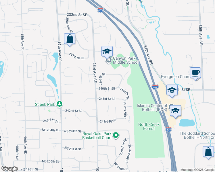 map of restaurants, bars, coffee shops, grocery stores, and more near 23902 24th Drive Southeast in Bothell