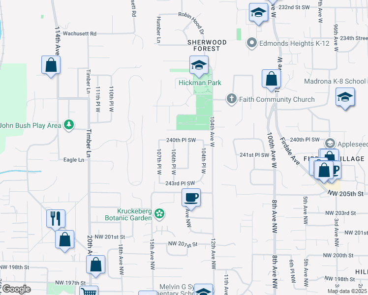 map of restaurants, bars, coffee shops, grocery stores, and more near 10520 240th Place Southwest in Edmonds