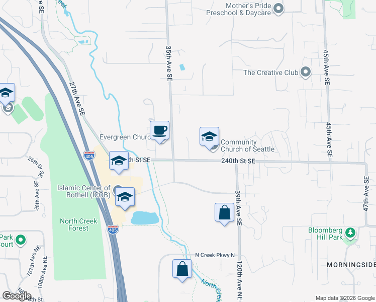 map of restaurants, bars, coffee shops, grocery stores, and more near 3511 240th Street Southeast in Bothell