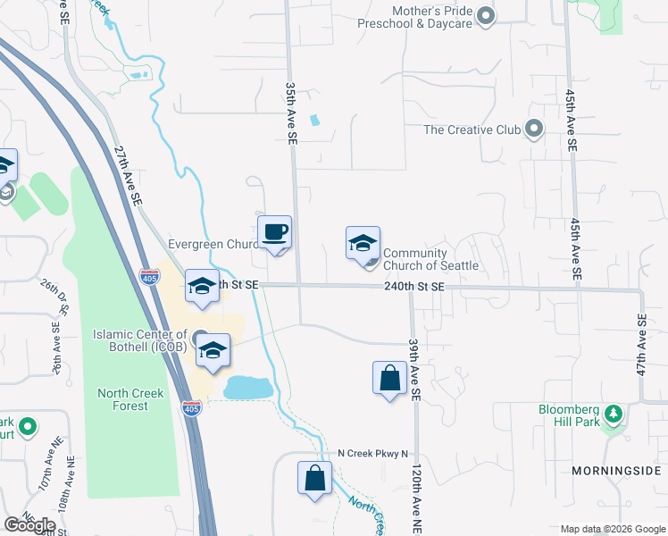 map of restaurants, bars, coffee shops, grocery stores, and more near 3511 240th Street Southeast in Bothell