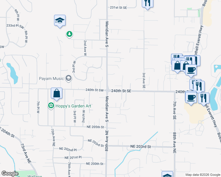map of restaurants, bars, coffee shops, grocery stores, and more near 23822 1st Avenue Southeast in Bothell