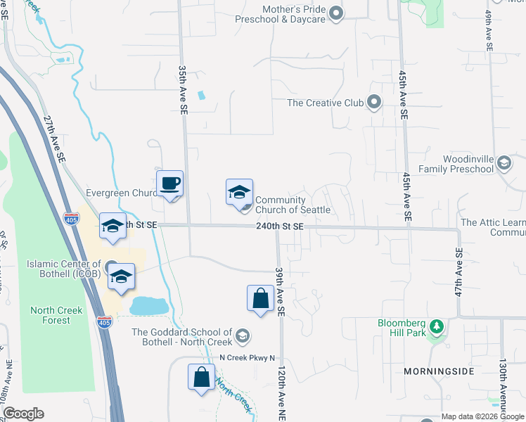 map of restaurants, bars, coffee shops, grocery stores, and more near 13 Avenue Southeast in Bothell