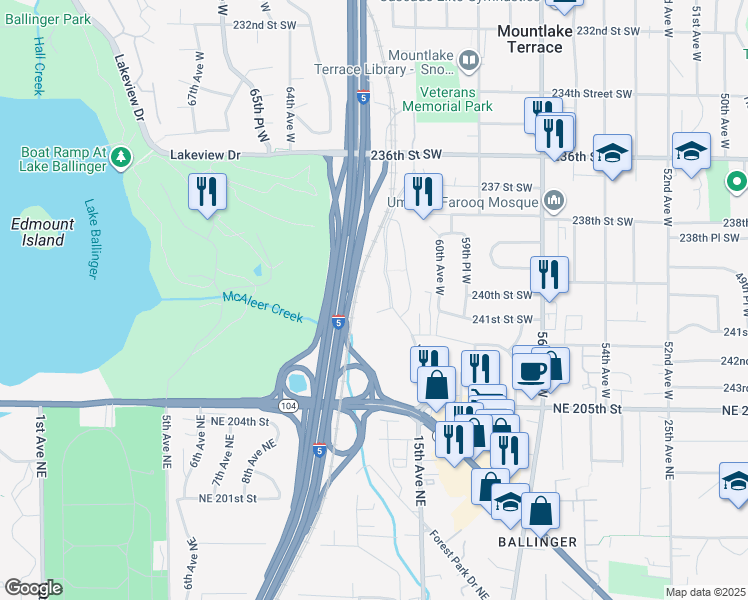 map of restaurants, bars, coffee shops, grocery stores, and more near 24000 Van Ry Boulevard in Mountlake Terrace