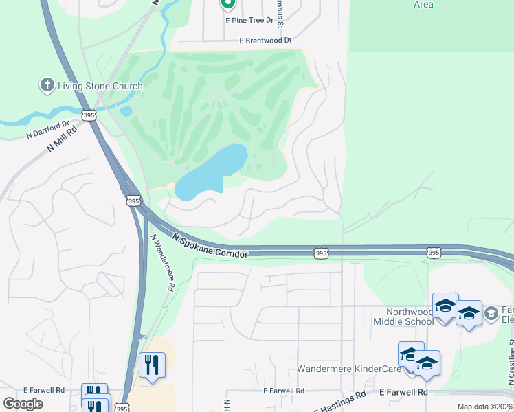 map of restaurants, bars, coffee shops, grocery stores, and more near 1154 East Wandermere Estates Lane in Spokane