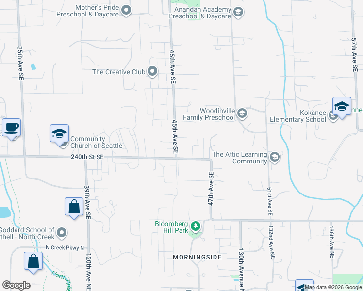 map of restaurants, bars, coffee shops, grocery stores, and more near 23825 45th Avenue Southeast in Bothell