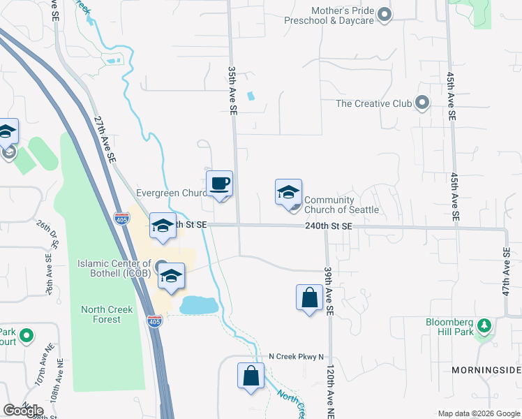 map of restaurants, bars, coffee shops, grocery stores, and more near 3511 240th Street Southeast in Bothell