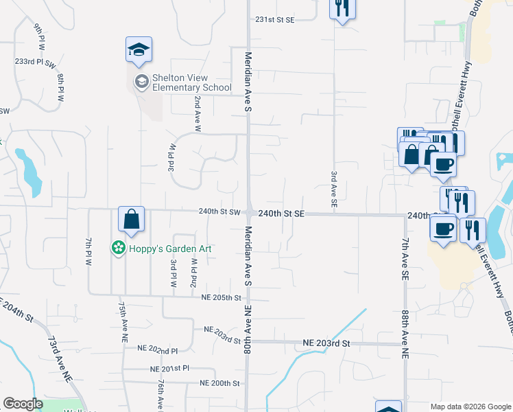 map of restaurants, bars, coffee shops, grocery stores, and more near 23822 1st Avenue Southeast in Bothell