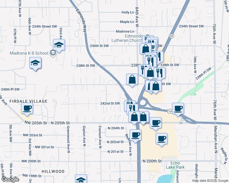 map of restaurants, bars, coffee shops, grocery stores, and more near 8610 240th Street Southwest in Edmonds