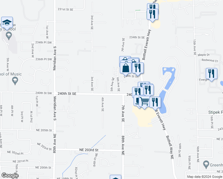 map of restaurants, bars, coffee shops, grocery stores, and more near 425 240th Street Southeast in Bothell