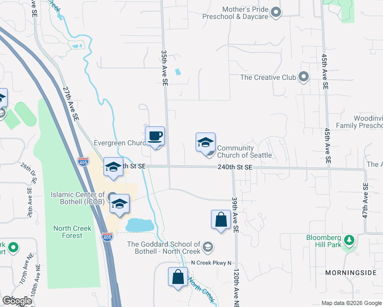 map of restaurants, bars, coffee shops, grocery stores, and more near 23947 36th Avenue Southeast in Bothell