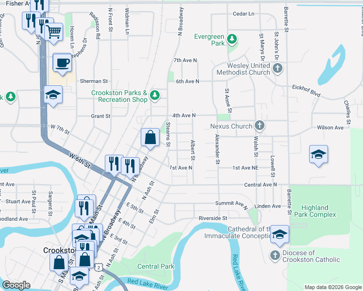 map of restaurants, bars, coffee shops, grocery stores, and more near 222 3rd Avenue Northeast in Crookston