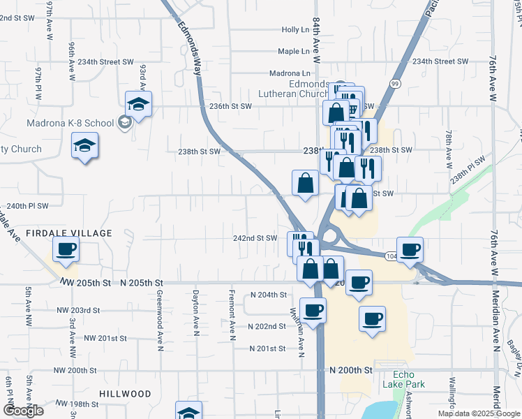 map of restaurants, bars, coffee shops, grocery stores, and more near 8610 240th Street Southwest in Edmonds