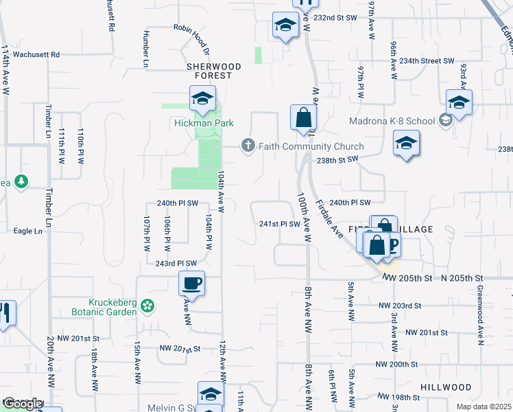 map of restaurants, bars, coffee shops, grocery stores, and more near 10212 240th Place Southwest in Edmonds
