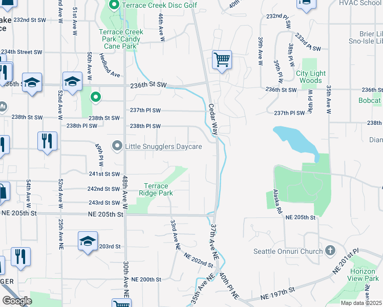 map of restaurants, bars, coffee shops, grocery stores, and more near 24001 44th Avenue West in Mountlake Terrace