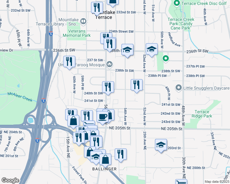 map of restaurants, bars, coffee shops, grocery stores, and more near 5502 240th Street Southwest in Mountlake Terrace