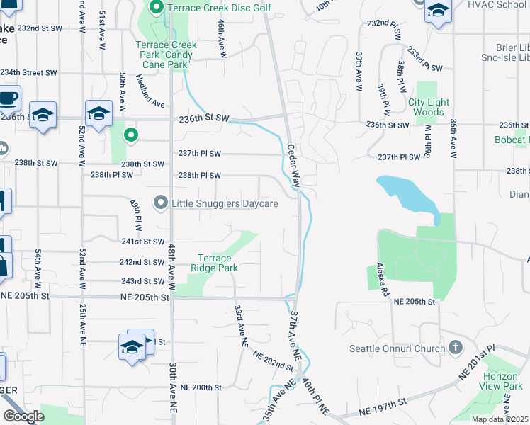 map of restaurants, bars, coffee shops, grocery stores, and more near 24001 44th Avenue West in Mountlake Terrace