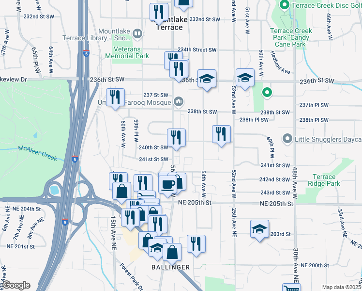 map of restaurants, bars, coffee shops, grocery stores, and more near 5502 240th Street Southwest in Mountlake Terrace