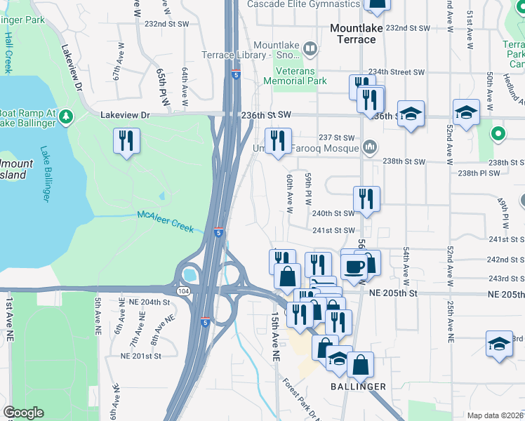 map of restaurants, bars, coffee shops, grocery stores, and more near 24120 Van Ry Boulevard in Mountlake Terrace