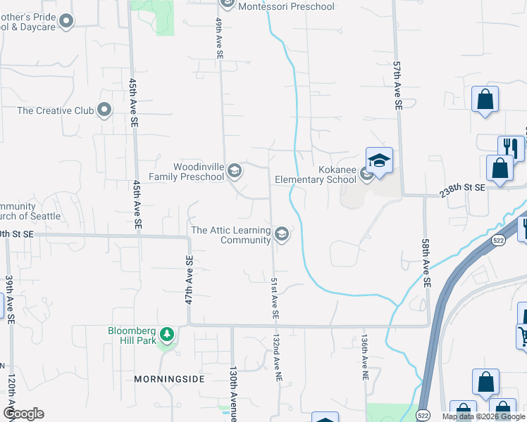 map of restaurants, bars, coffee shops, grocery stores, and more near 23828 51st Avenue Southeast in Woodinville