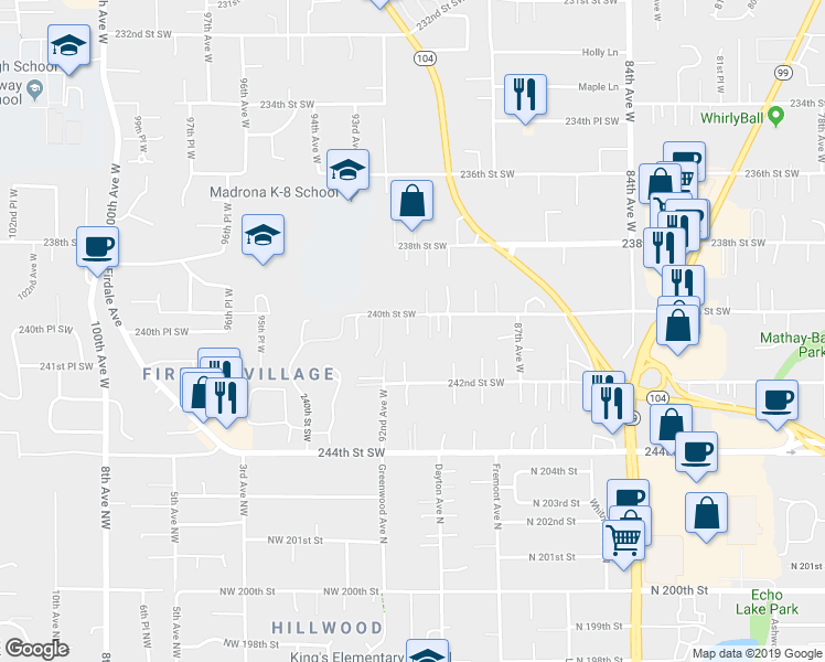 map of restaurants, bars, coffee shops, grocery stores, and more near 9024 240th Street Southwest in Edmonds