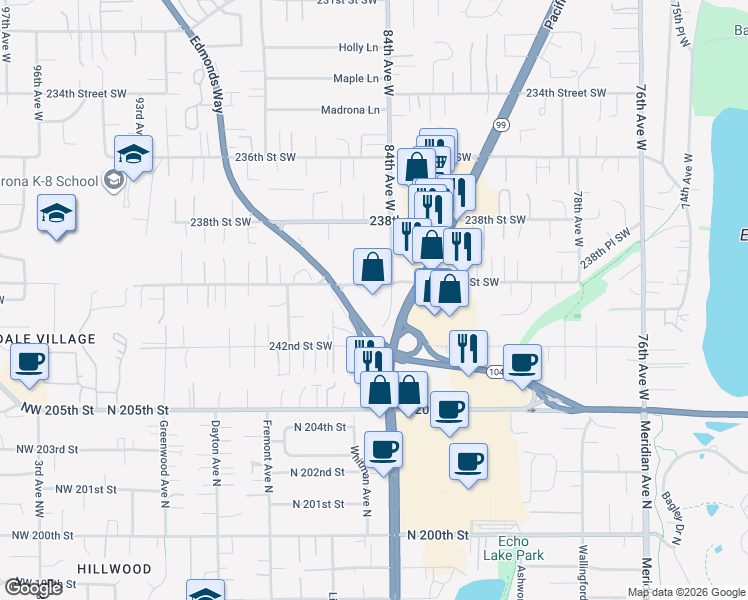 map of restaurants, bars, coffee shops, grocery stores, and more near 8512 240th Street Southwest in Edmonds