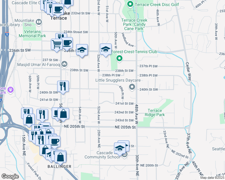 map of restaurants, bars, coffee shops, grocery stores, and more near 5003 240th Place Southwest in Mountlake Terrace