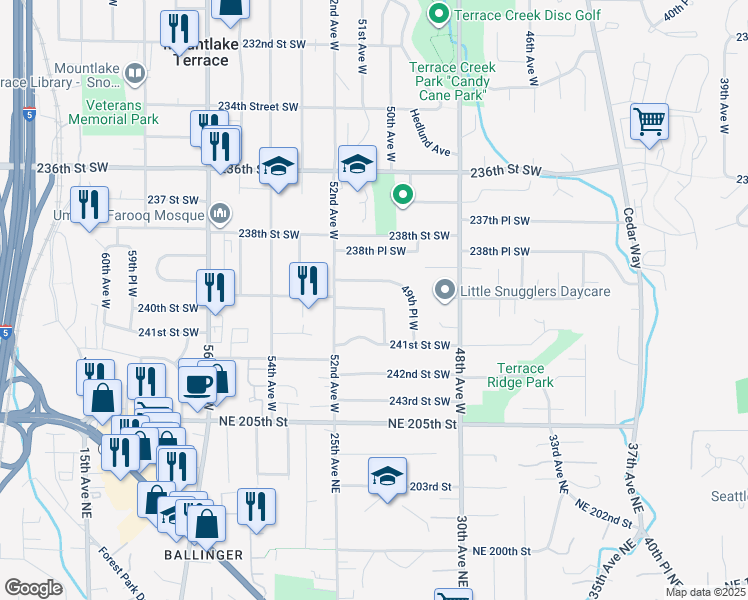map of restaurants, bars, coffee shops, grocery stores, and more near 5003 240th Place Southwest in Mountlake Terrace