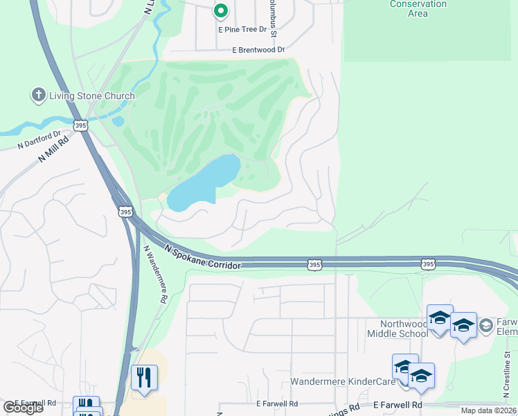 map of restaurants, bars, coffee shops, grocery stores, and more near 1154 East Wandermere Estates Lane in Spokane