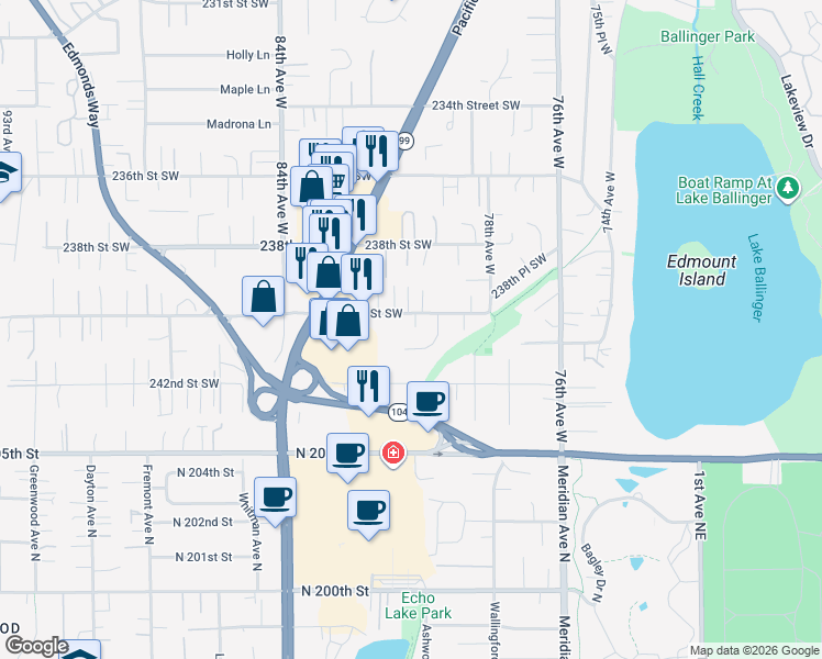 map of restaurants, bars, coffee shops, grocery stores, and more near 8010 240th Street Southwest in Edmonds