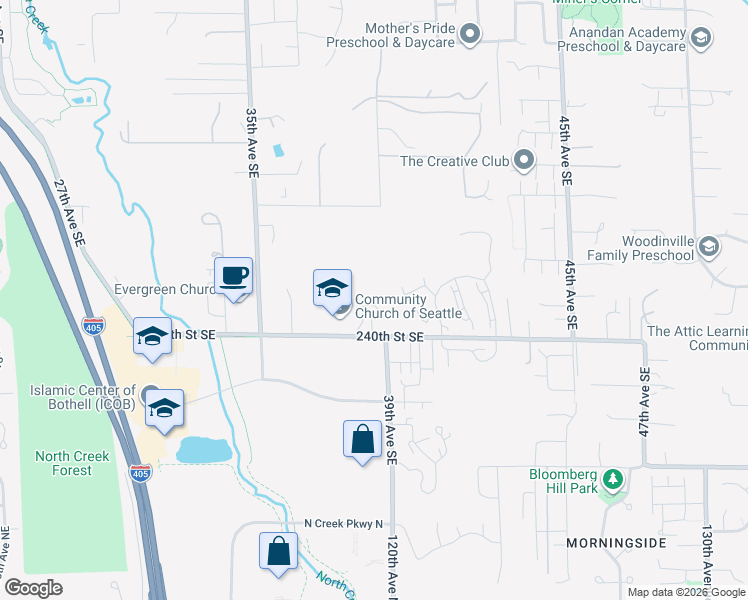 map of restaurants, bars, coffee shops, grocery stores, and more near 3823 240th Street Southeast in Bothell