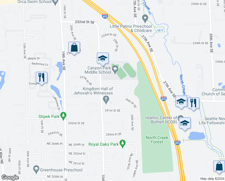 map of restaurants, bars, coffee shops, grocery stores, and more near 23902 24th Drive Southeast in Bothell