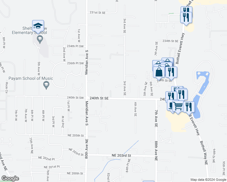 map of restaurants, bars, coffee shops, grocery stores, and more near 209 240th Street Southeast in Bothell