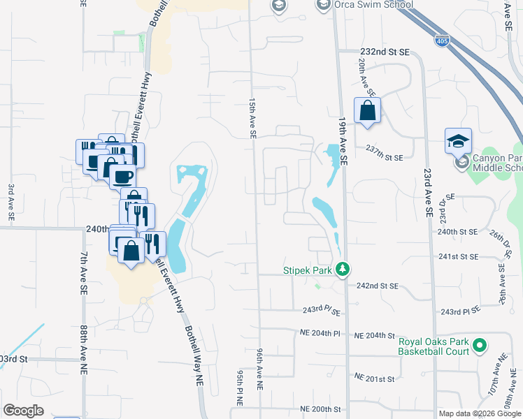 map of restaurants, bars, coffee shops, grocery stores, and more near 62 Pine Court in Bothell