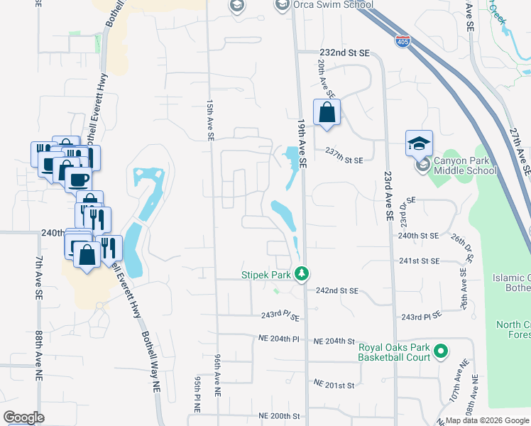 map of restaurants, bars, coffee shops, grocery stores, and more near 173 Lakeview Drive in Bothell