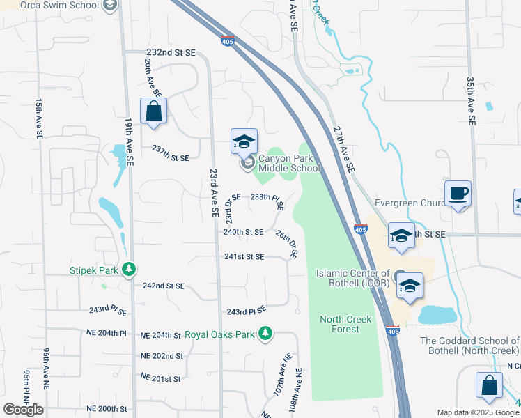 map of restaurants, bars, coffee shops, grocery stores, and more near 23903 24th Drive Southeast in Bothell