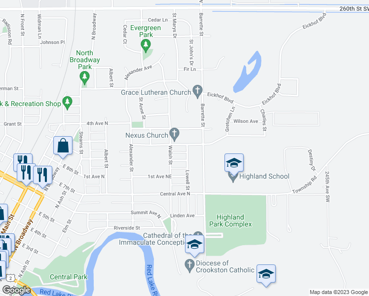 map of restaurants, bars, coffee shops, grocery stores, and more near 620 3rd Avenue Northeast in Crookston