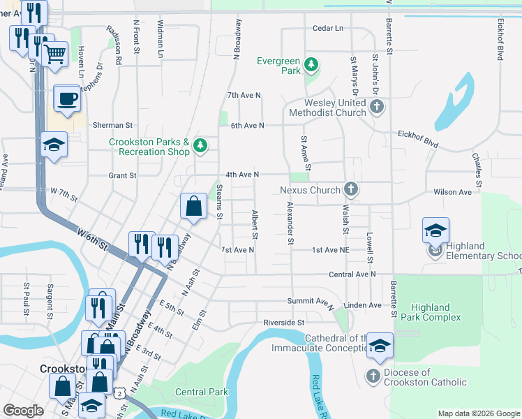 map of restaurants, bars, coffee shops, grocery stores, and more near 229 James Avenue Northeast in Crookston