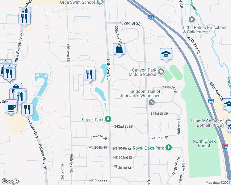 map of restaurants, bars, coffee shops, grocery stores, and more near 1926 238th Street Southeast in Bothell