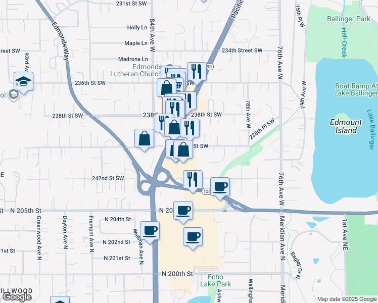 map of restaurants, bars, coffee shops, grocery stores, and more near 8130 240th Street Southwest in Edmonds