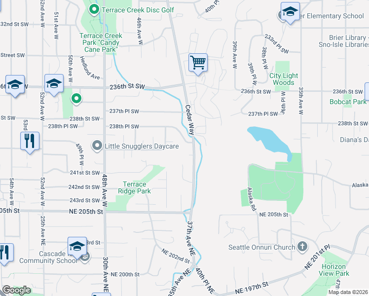 map of restaurants, bars, coffee shops, grocery stores, and more near 4302 238th Place Southwest in Mountlake Terrace